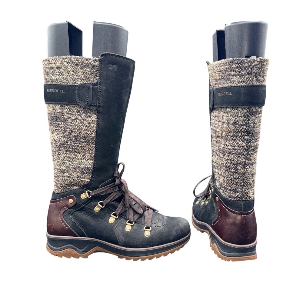 Merrell Black Leather Tall Winter Boots Wool Knit Waterproof Size 7